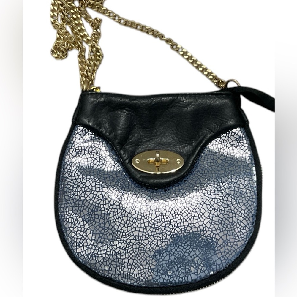 Italian Black and Silver Cracked-Effect Crossbody Bag with Gold Chain